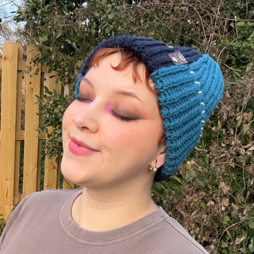 Handmade Teal and Navy Clover Beanie